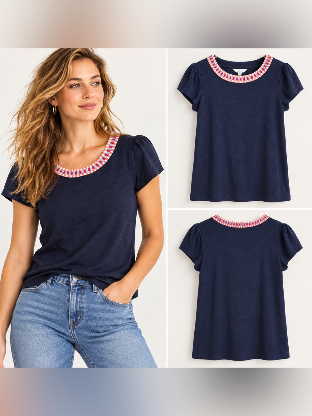 Boden NWT Navy Jersey Top US 8 Embroidered Check Neck Cap Sleeve